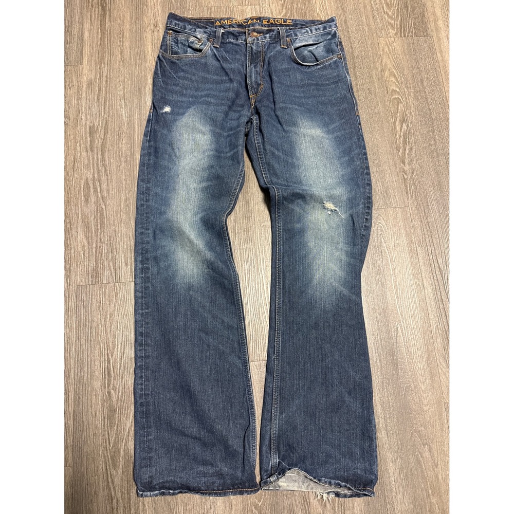American Eagle Mens Low Rise Bootcut Jeans 34x34 Distressed Medium Wash Denim